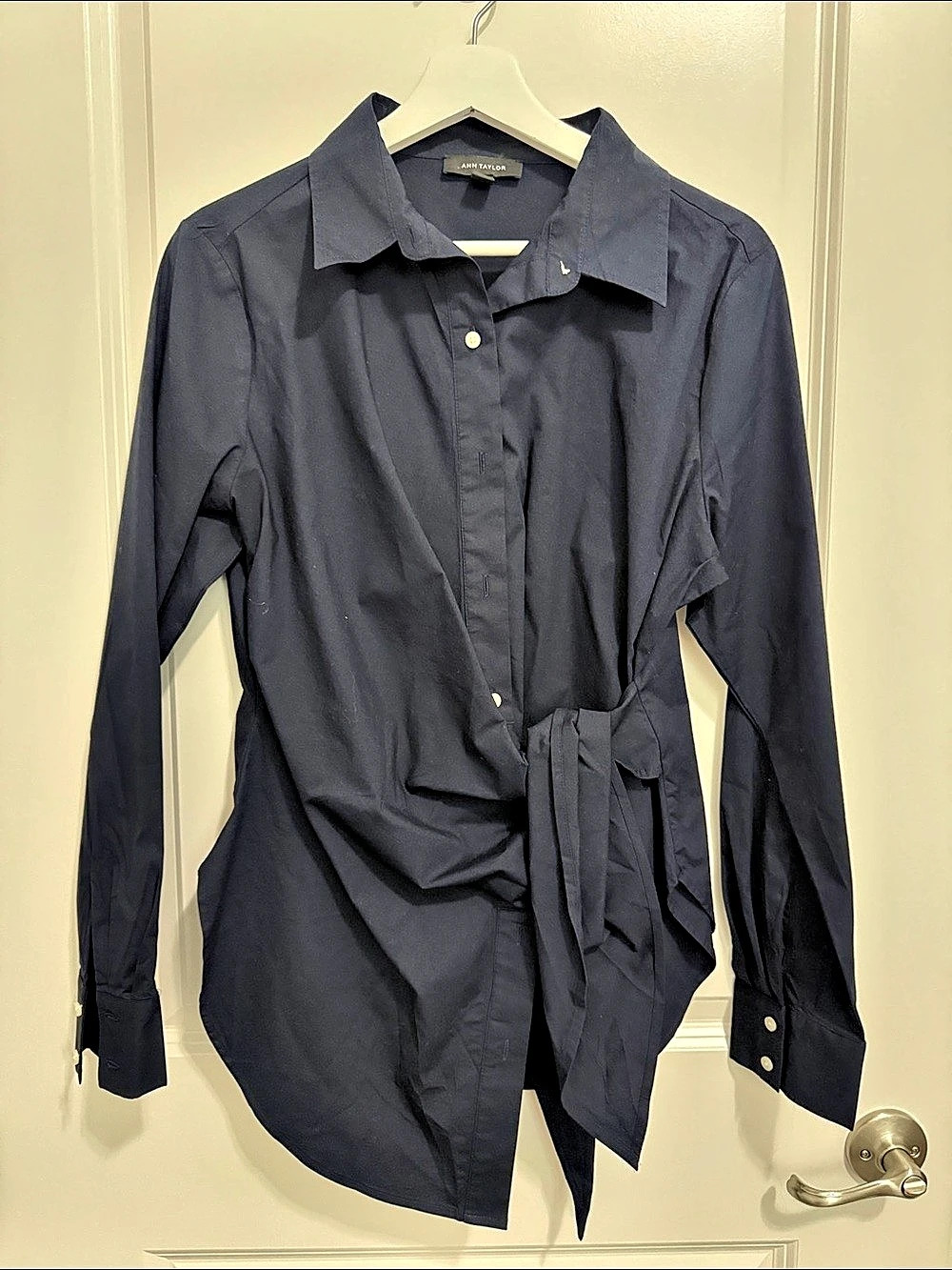 Ann Taylor Tie Front Button Down Shirt Blue Small